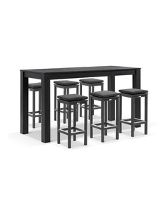 Santorini Outdoor 2m Bar Table Charcoal With 6 Avoca Stools & Denim Grey Cushions