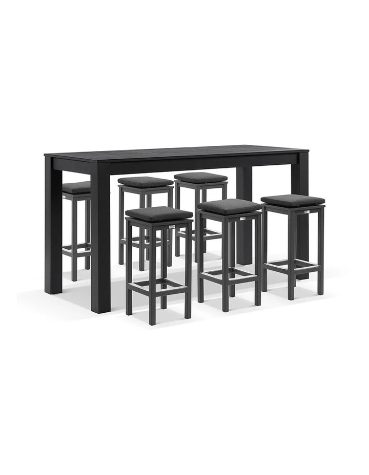 Santorini Outdoor 2m Bar Table Charcoal With 6 Avoca Stools & Denim Grey Cushions image 1