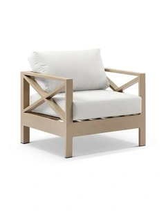 Kansas 1 seater Outdoor Aluminium Lounge Arm Chair Light Oak & Olefin White Cushions