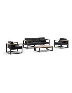 Balmoral 3 1 1 Seater Outdoor Aluminium and Teak Lounge Setting Charcoal & Denim Grey Cushions