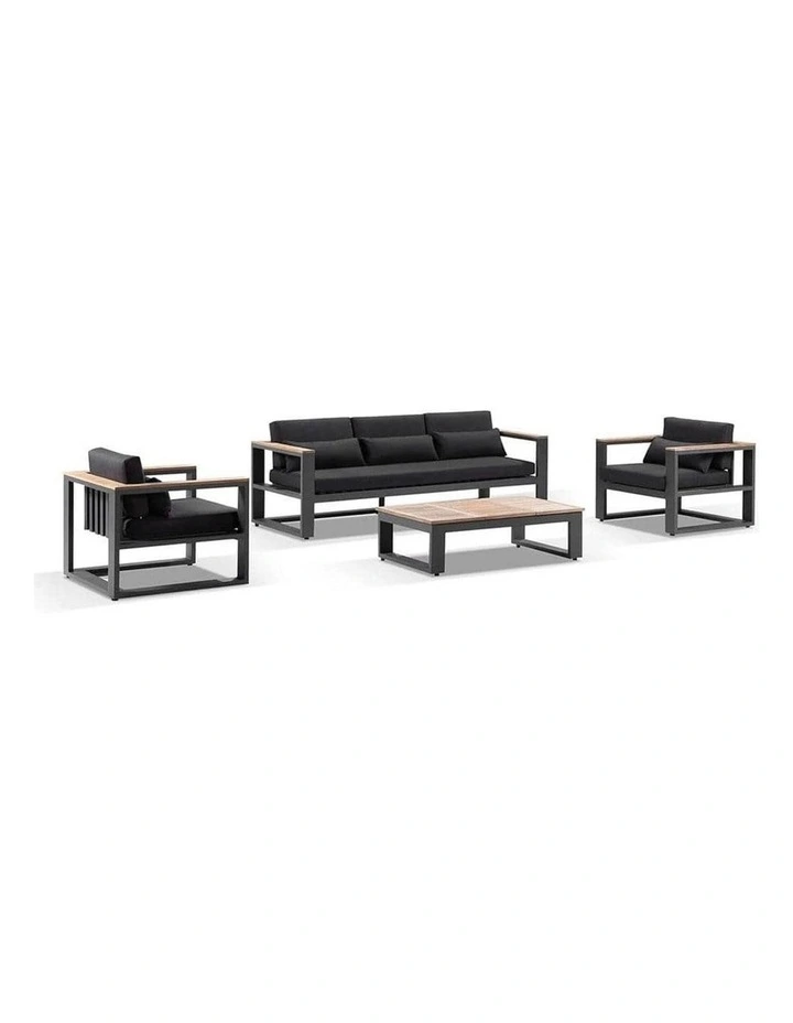 Balmoral 3 1 1 Seater Outdoor Aluminium and Teak Lounge Setting Charcoal & Denim Grey Cushions image 1