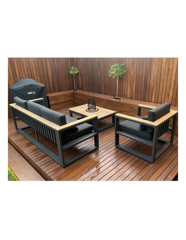 Balmoral 3 1 1 Seater Outdoor Aluminium and Teak Lounge Setting Charcoal & Denim Grey Cushions image 4