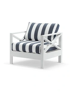 Kansas 1 seater Outdoor Aluminium Lounge Arm Chair White & Navy Stripe Cushions