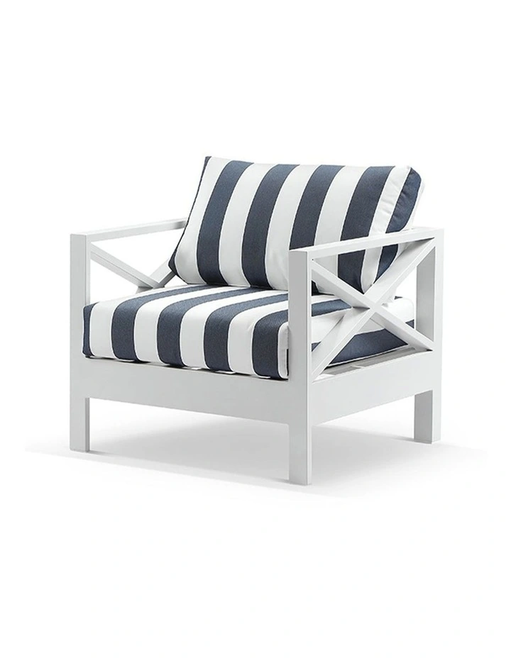 Kansas 1 seater Outdoor Aluminium Lounge Arm Chair White & Navy Stripe Cushions image 1