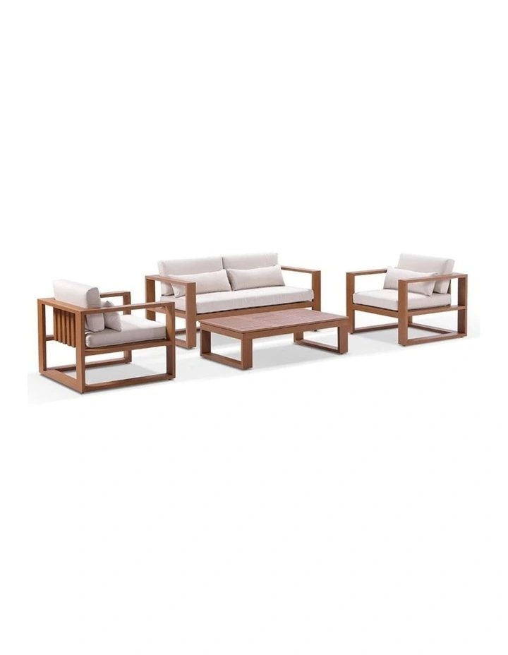 Santorini 2 1 1 Outdoor Aluminium Lounge Set Teak Look With Coffee Table & Cream Cushions image 1