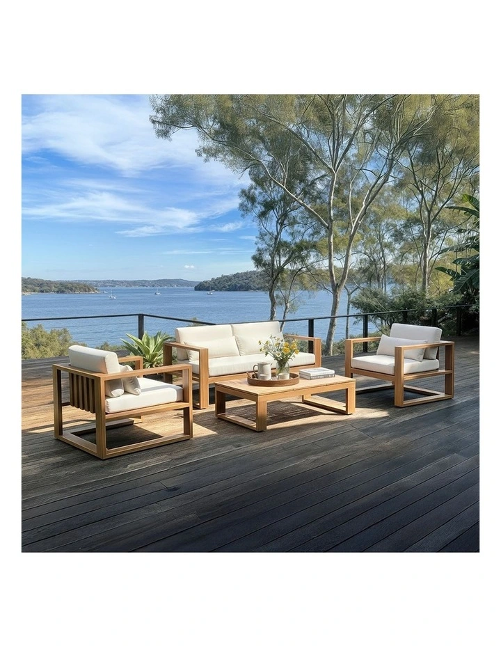 Santorini 2 1 1 Outdoor Aluminium Lounge Set Teak Look With Coffee Table & Cream Cushions image 2