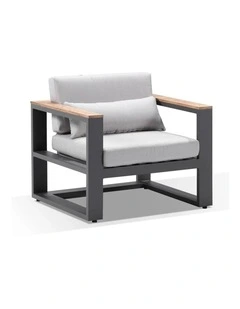 Balmoral 1 Seater Outdoor Aluminium and Teak Arm Chair Charcoal & Textured Olefin Grey Cushions