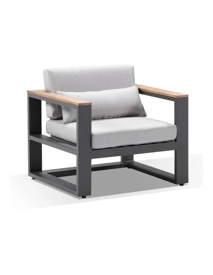 Balmoral 1 Seater Outdoor Aluminium and Teak Arm Chair Charcoal & Textured Olefin Grey Cushions image 1