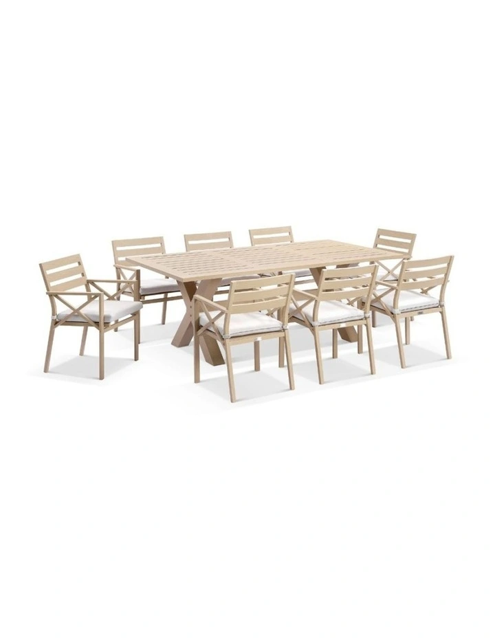 Tahitian 2.1m Aluminium Dining Table Light Oak With 8 Kansas Chairs & Olefin White Cushions image 1