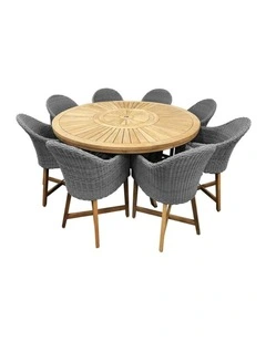 Solomon 1.8m Round Teak Dining Table w/Coastal Wicker Chairs Brushed Grey & Denim Cushions
