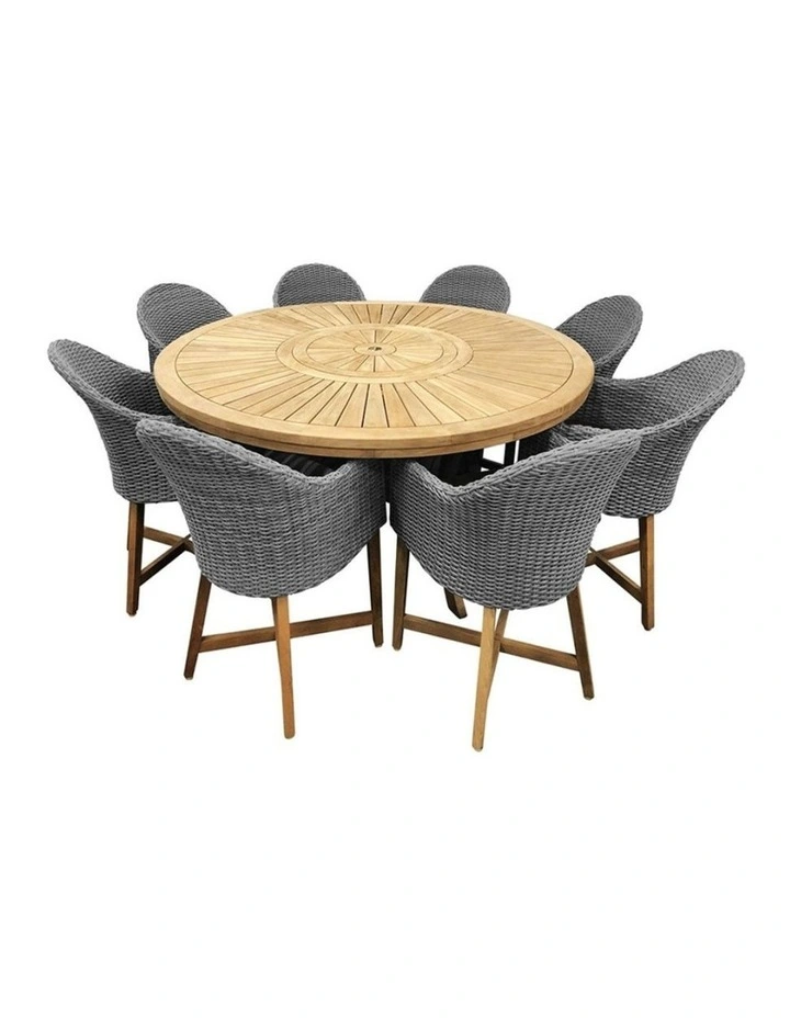 Solomon 1.8m Round Teak Dining Table w/Coastal Wicker Chairs Brushed Grey & Denim Cushions image 1