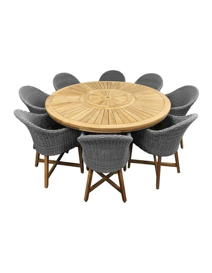 Solomon 1.8m Round Teak Dining Table w/Coastal Wicker Chairs Brushed Grey & Denim Cushions image 2