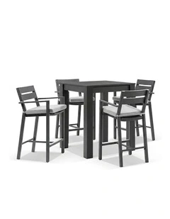 Santorini Outdoor Aluminium Square Bar Table Charcoal With 4 stools & Light Grey Cushions