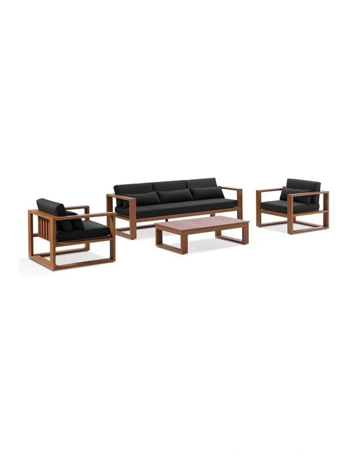 Santorini 3 1 1 Aluminium Lounge Setting Teak Look With Coffee Table & Denim Grey Cushions image 1