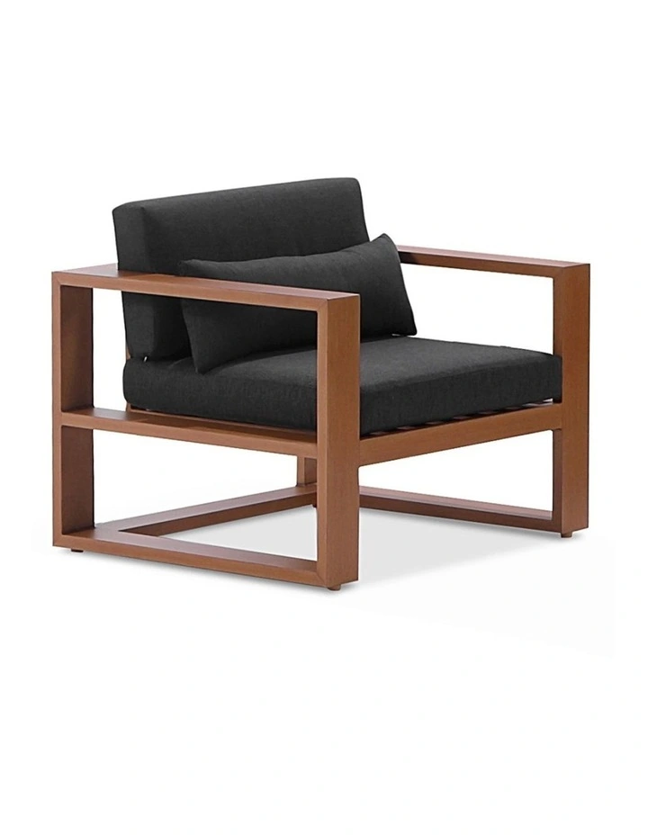 Santorini 3 1 1 Aluminium Lounge Setting Teak Look With Coffee Table & Denim Grey Cushions image 3