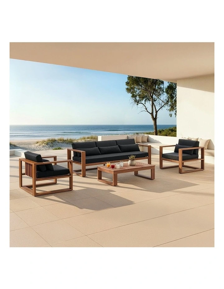 Santorini 3 1 1 Aluminium Lounge Setting Teak Look With Coffee Table & Denim Grey Cushions image 4