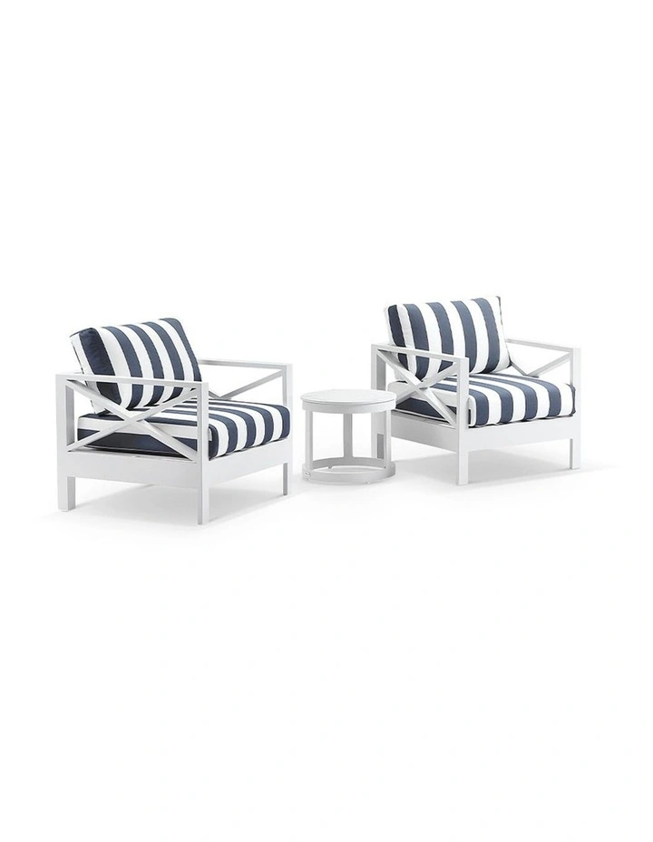 Kansas Outdoor Aluminium Lounge Patio Balcony Set White With Side Table & Navy Stripe Cushions image 1