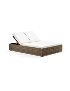 Breeze Outdoor Wicker Double Sun Lounge Brushed Wheat With Side Table Set & Cream Cushions