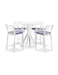 Houston Outdoor 90cm Round Aluminium Bar Table White With 4 Santorini Stools & Navy Stripe Cushions
