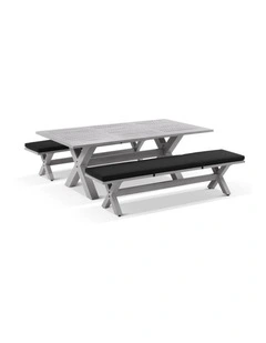 Aged Teak look Tahitian 2.1m Aluminium Dining Setting with Bench Seats