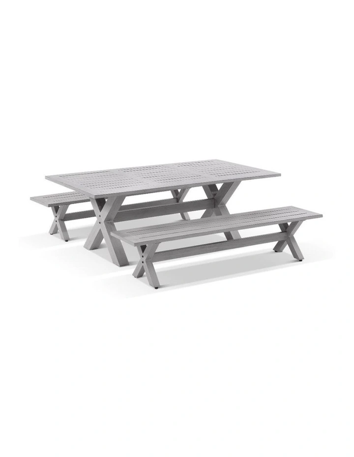 Aged Teak look Tahitian 2.1m Aluminium Dining Setting with Bench Seats image 2