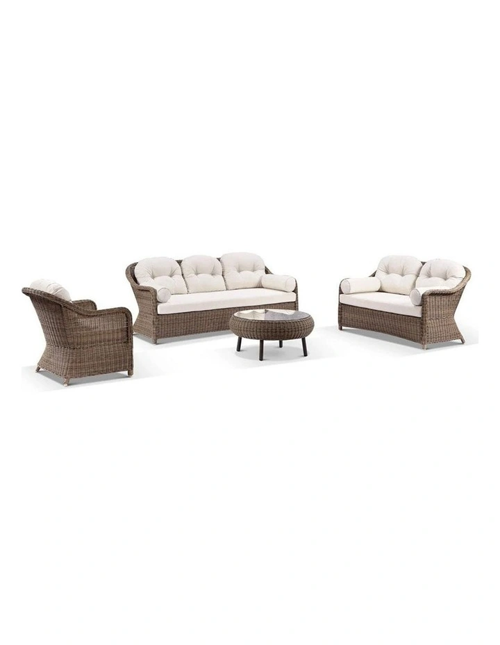 Plantation Outdoor Wicker 3 2 1 Seater Lounge Set Brushed Wheat With Coffee Table & Cream Cushions image 1
