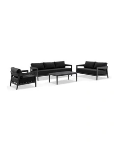 Bronte 3 2 1 Outdoor Aluminium Lounge Setting Charcoal With Coffee Table & Denim Grey Cushions