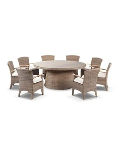 Plantation 1.8m Round Outdoor Wicker Dining Table Brushed Wheat With 8 Kai Chairs & Cream Cushions