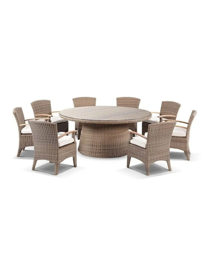 Plantation 1.8m Round Outdoor Wicker Dining Table Brushed Wheat With 8 Kai Chairs & Cream Cushions image 1