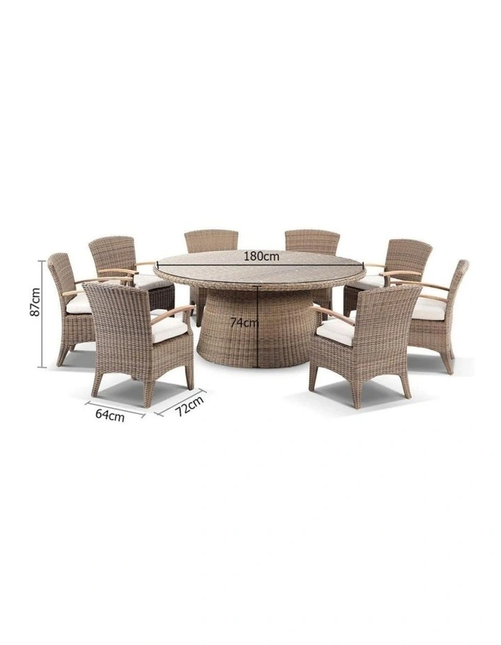Plantation 1.8m Round Outdoor Wicker Dining Table Brushed Wheat With 8 Kai Chairs & Cream Cushions image 4