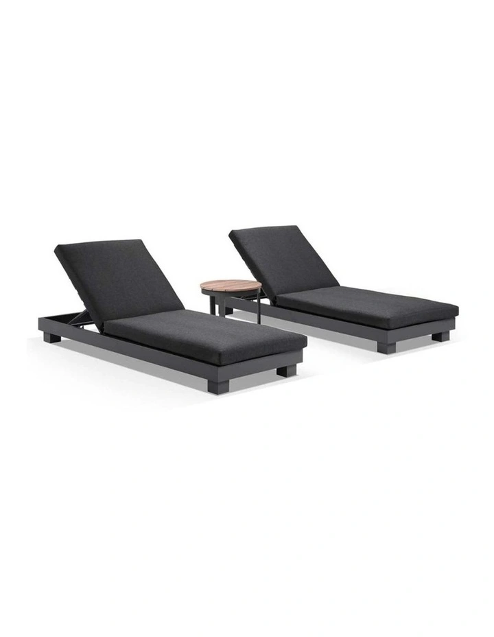 Santorini Aluminium Sun Lounge Set Charcoal With Round Table & Denim Grey Cushions image 1