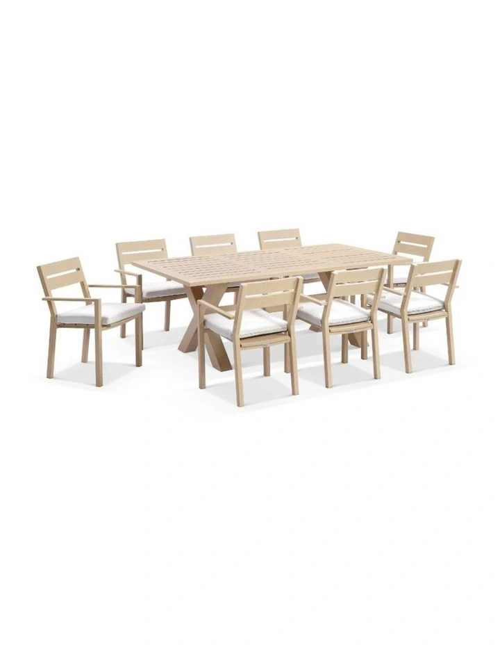 Tahitian 2.1m Aluminium Dining Table Light Oak With 8 Santorini Chairs & Olefin White Cushions image 1