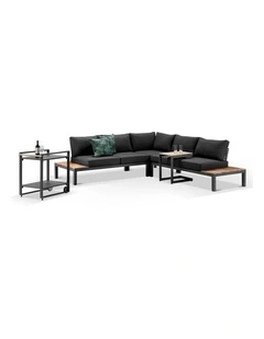 Nova Aluminium Lounge Charcoal With Bar Cart & Side Table Denim Grey Cushions