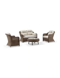 Plantation Outdoor Wicker Lounge Suite Brushed Wheat With Coffee Table & Cream Cushions