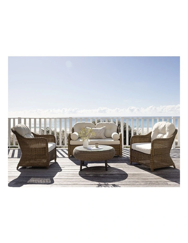 Plantation Outdoor Wicker Lounge Suite Brushed Wheat With Coffee Table & Cream Cushions image 2
