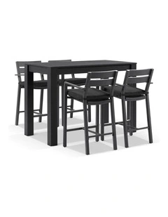 Santorini Outdoor Aluminium 1.5m Bar Table Charcoal With 4 stools & Denim Grey Cushions