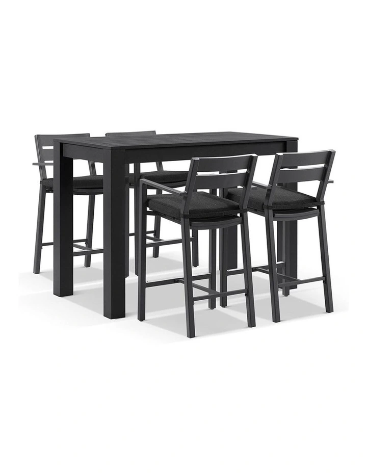 Santorini Outdoor Aluminium 1.5m Bar Table Charcoal With 4 stools & Denim Grey Cushions image 1