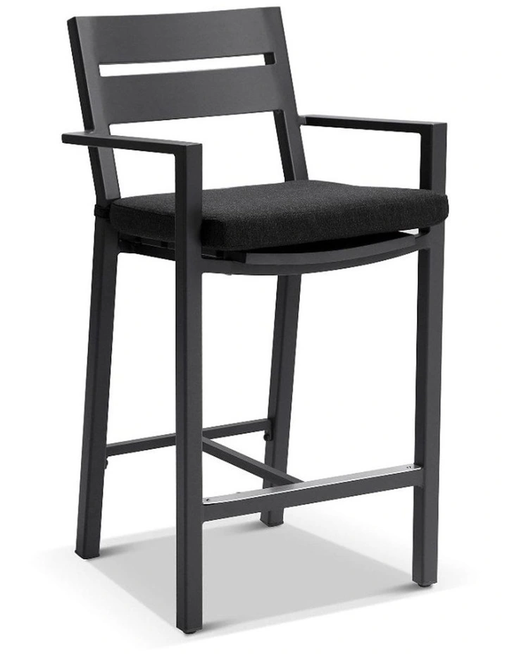 Santorini Outdoor Aluminium 1.5m Bar Table Charcoal With 4 stools & Denim Grey Cushions image 2