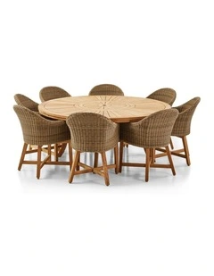 Solomon 1.8m Round Teak Dining Table w/Coastal Wicker Chairs Brushed Wheat & Cream Cushions