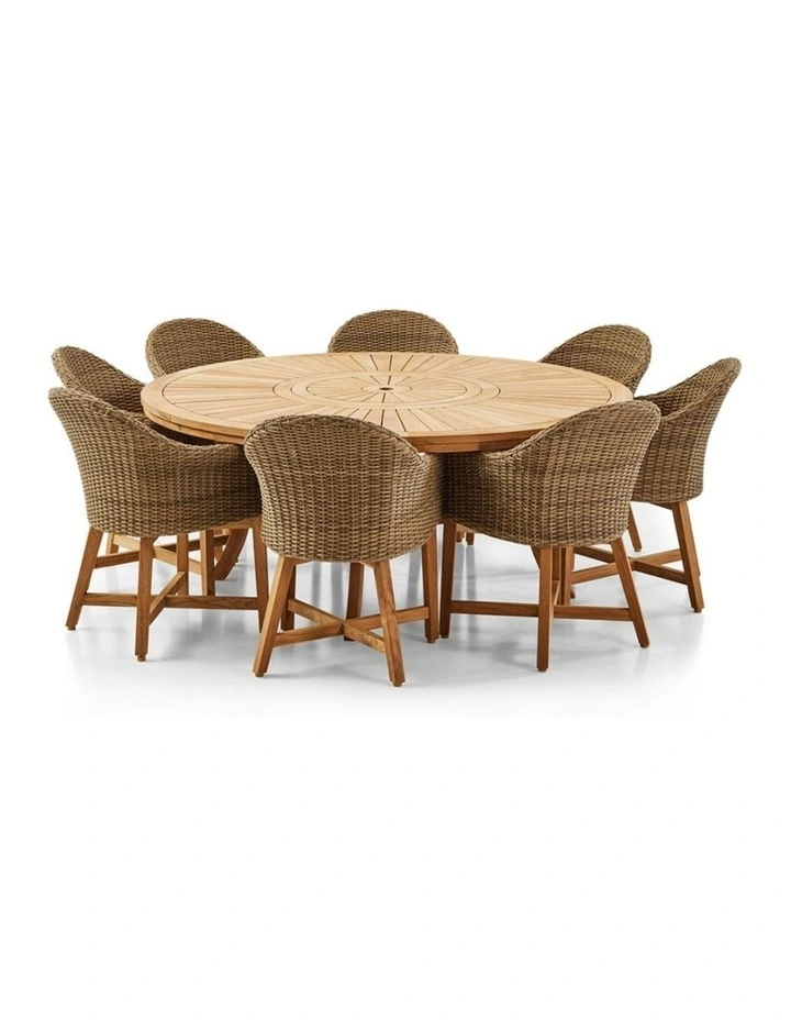 Solomon 1.8m Round Teak Dining Table w/Coastal Wicker Chairs Brushed Wheat & Cream Cushions image 1