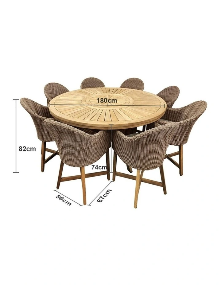 Solomon 1.8m Round Teak Dining Table w/Coastal Wicker Chairs Brushed Wheat & Cream Cushions image 2