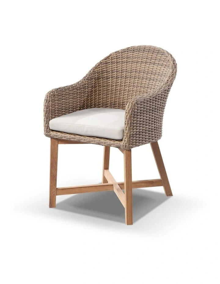 Solomon 1.8m Round Teak Dining Table w/Coastal Wicker Chairs Brushed Wheat & Cream Cushions image 3