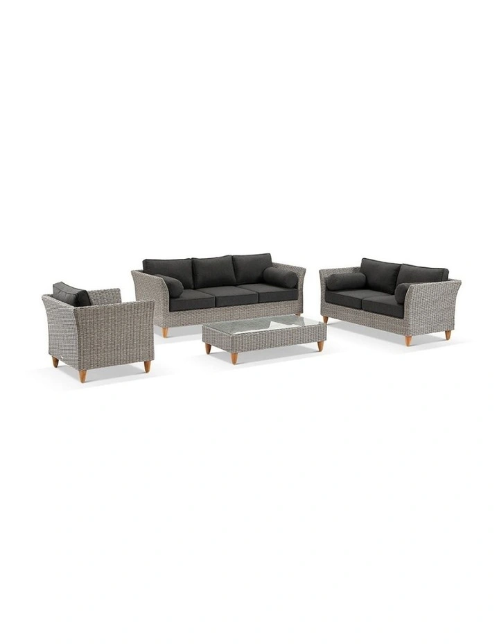 Carolina 3 2 1 Outdoor Wicker Lounge Setting Brushed Grey With coffee table & Denim Cushions image 1