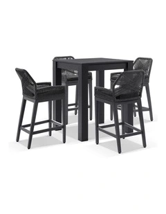 Santorini Outdoor Aluminium Square Bar Table Charcoal With 4 Hugo Rope Stools & Denim Grey Cushions