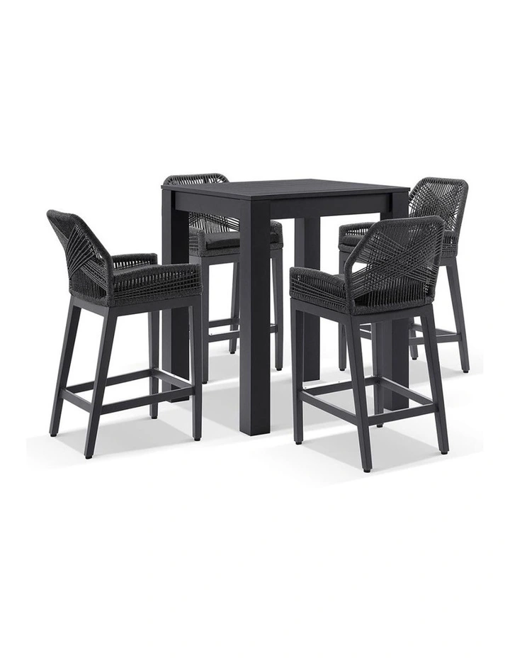 Santorini Outdoor Aluminium Square Bar Table Charcoal With 4 Hugo Rope Stools & Denim Grey Cushions image 1