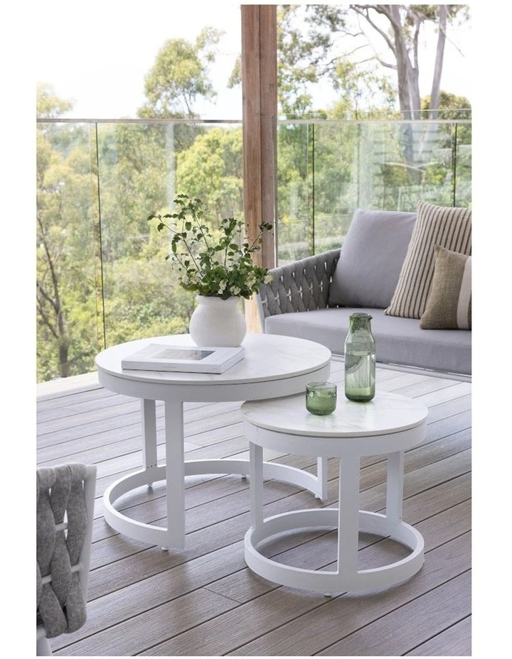 Hugo Outdoor Round Ceramic and Aluminium Coffee Table Set in White image 3