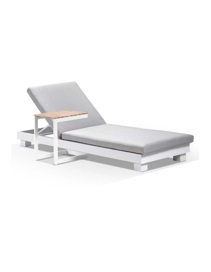 Santorini Aluminium Sun Lounge White With Side Table & Textured Olefin Grey Cushions image 1