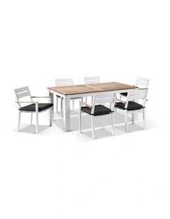 Balmoral 1.8m Teak Top Aluminium Table White With 6 Capri Dining Chairs & Denim Grey Cushions