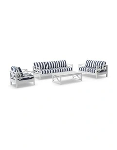 Kansas 3 2 1 seater Outdoor Aluminium Lounge Set White With Coffee Table & Navy Stripe Cushions