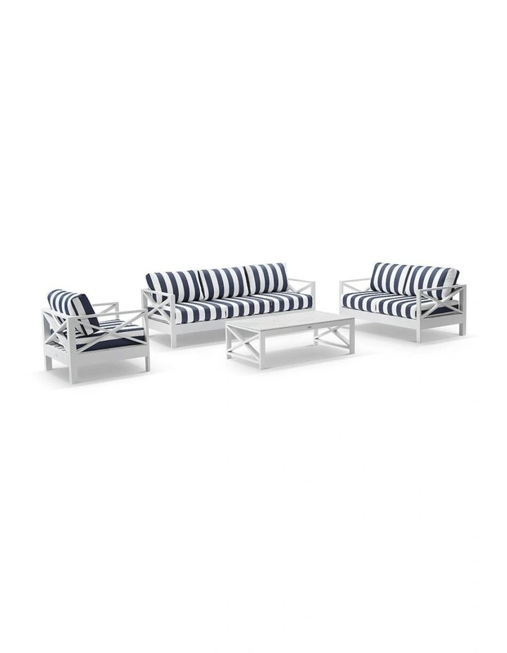 Kansas 3 2 1 seater Outdoor Aluminium Lounge Set White With Coffee Table & Navy Stripe Cushions image 1
